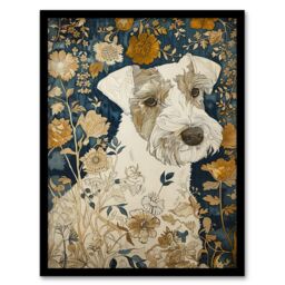 Artery8 Dog Wildflowers Painting Blue Ochre Animal Lover Framed Art Print in Green - Size: A4 - thumbnail 1