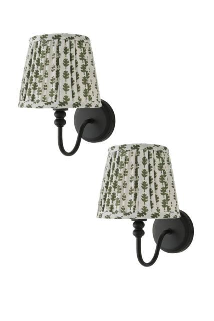 ValueLights Binky Pair of Rechargeable Black Wall Lights & Floral Pleated Shades in Pale Green