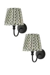 ValueLights Binky Pair of Rechargeable Black Wall Lights & Floral Pleated Shades in Pale Green - thumbnail 1