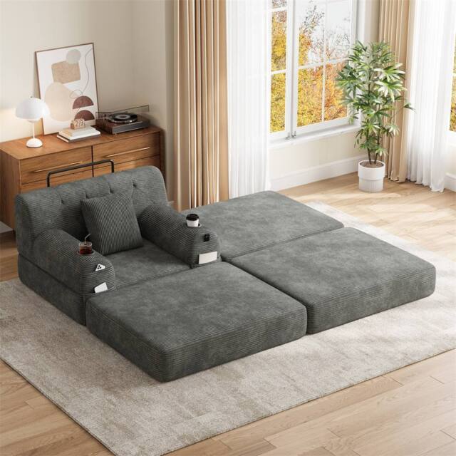 Direct Wicker Cord Convertible Sleeper Chair with Ottoman, Cup Holders & Side Pocket in Dark Grey - Size: 1 Seater - image 1