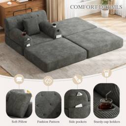 Direct Wicker Cord Convertible Sleeper Chair with Ottoman, Cup Holders & Side Pocket in Dark Grey - Size: 1 Seater - thumbnail 2