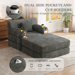 Direct Wicker Cord Convertible Sleeper Chair with Ottoman, Cup Holders & Side Pocket in Dark Grey - Size: 1 Seater - thumbnail 3