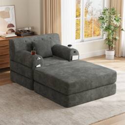 Direct Wicker Cord Convertible Sleeper Chair with Ottoman, Cup Holders & Side Pocket in Dark Grey - Size: 1 Seater - thumbnail 8