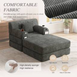 Direct Wicker Cord Convertible Sleeper Chair with Ottoman, Cup Holders & Side Pocket in Dark Grey - Size: 1 Seater - thumbnail 6