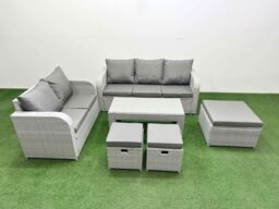 Fimous 8 Seater PE Rattan Wicker Garden Furniture Patio Conservatory Sofa Set with Oblong Coffee Table 3 Seater Sofa Love Sofa 3 Stool in Light Grey - thumbnail 1