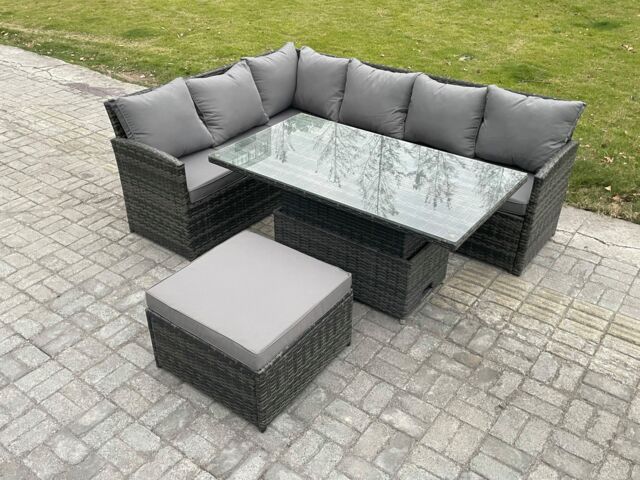 Fimous 7 Seater Rattan Garden Furniture Sets High Back Corner Sofa Height Adjustable Rising Lifting Table Set with Big Footstool Dark Grey Mixed - image 1