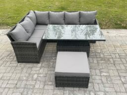 Fimous 7 Seater Rattan Garden Furniture Sets High Back Corner Sofa Height Adjustable Rising Lifting Table Set with Big Footstool Dark Grey Mixed - thumbnail 2