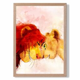 ARTZE Simba & Nala Watercolour Lion King Framed Print SIZE: A4 with Oak Frame in Red