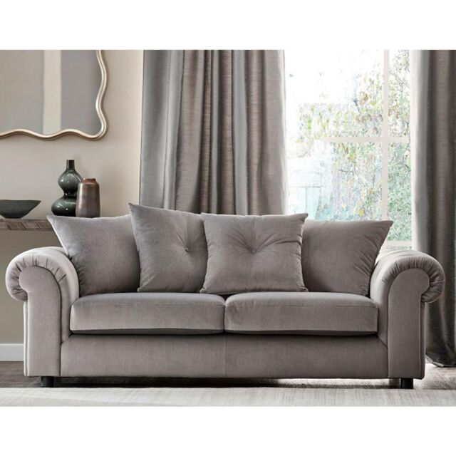 Furnishings For Less UK Derby Fabric Grey 3 Seater Sofa Scatter Back, Scroll Arms - image 1