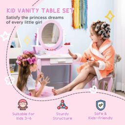 ZONEKIZ Kids Dressing Table with Mirror & Stool, for Ages 3-6 Years - Pink - thumbnail 4