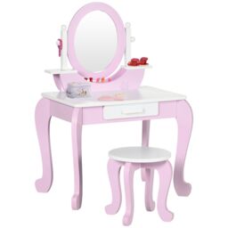 ZONEKIZ Kids Dressing Table with Mirror & Stool, for Ages 3-6 Years - Pink - thumbnail 2