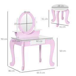 ZONEKIZ Kids Dressing Table with Mirror & Stool, for Ages 3-6 Years - Pink - thumbnail 3