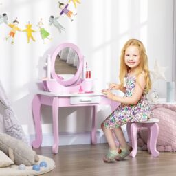 ZONEKIZ Kids Dressing Table with Mirror & Stool, for Ages 3-6 Years - Pink