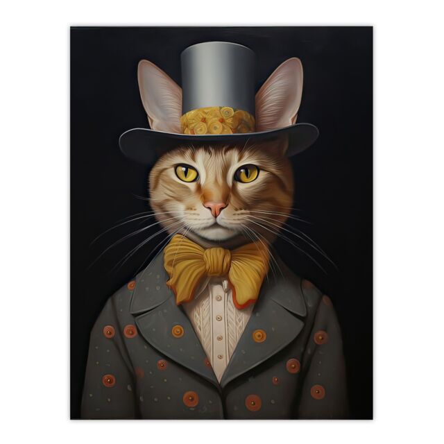 "Artery8 Wall Art Print Mr Buttons Oil Painting Tan Grey Cream Elegant Cat Portrait with Bow Tie & Top Hat Poster - Size: W18"" x H24""" - image 1
