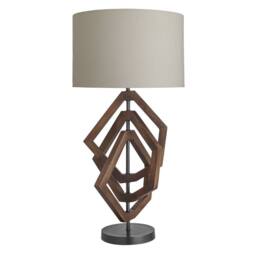 Industville Wooden Geometric Polygon Table Lamp - Dark - Cotton Drum Shade in Dark Brown - Size: Medium