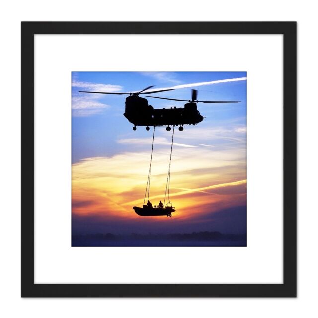 Artery8 Military UK Chinook Helicopter Royal Marines 8X8 Inch Square Wooden Framed Wall Art Print Picture with Mount in Black - image 1