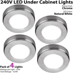Loops 4x CHROME Round Surface or Flush Under Cabinet Kitchen Light Kit - 240V Mains Powered - Natural White LED - thumbnail 2