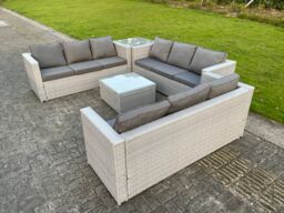 Fimous Light Grey Outdoor PE Rattan Garden Furniture Set Wicker Sofa Set Square Coffee Table Side Table - thumbnail 4