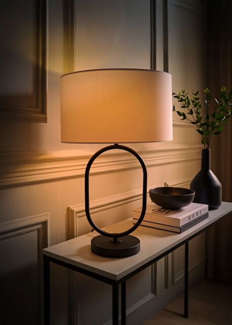 ValueLights Antonia Fabric Drum Lamp Shade Matte Black Oval Table Lamp with Bulb in White - image 1
