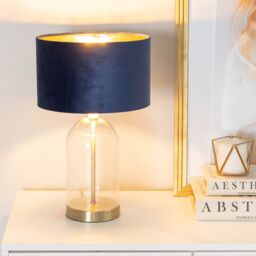 ValueLights Jessy Glass with Gold Trim Table Lamp with Velvet Drum with Gold Inner Shade in Dark Navy