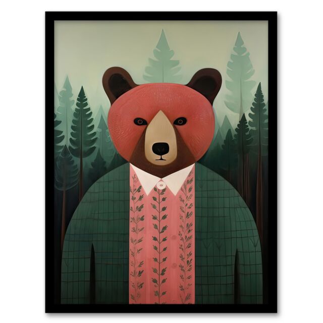 Artery8 Wall Art Print Mr Bear Portrait Oil Painting Pink Brown Green Misty Forest Landscape Kids Bedroom Artwork Framed - Size: A4 - image 1