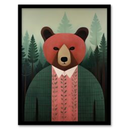 Artery8 Wall Art Print Mr Bear Portrait Oil Painting Pink Brown Green Misty Forest Landscape Kids Bedroom Artwork Framed - Size: A4 - thumbnail 1