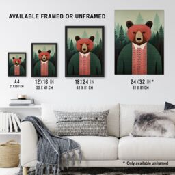 Artery8 Wall Art Print Mr Bear Portrait Oil Painting Pink Brown Green Misty Forest Landscape Kids Bedroom Artwork Framed - Size: A4 - thumbnail 3