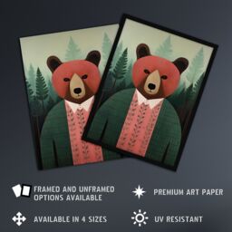 Artery8 Wall Art Print Mr Bear Portrait Oil Painting Pink Brown Green Misty Forest Landscape Kids Bedroom Artwork Framed - Size: A4 - thumbnail 2