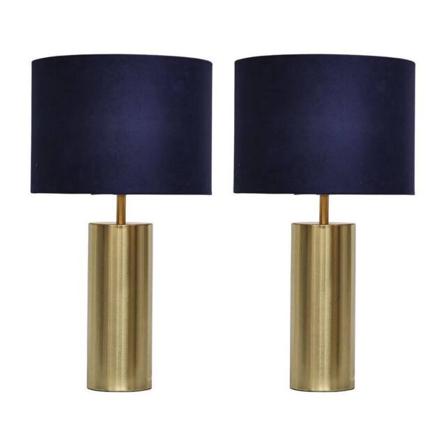 First Choice Lighting Set of 2 Amber - Gold Touch 40cm Table Lamps Navy Blue Velvet Shades - image 1