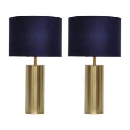 First Choice Lighting Set of 2 Amber - Gold Touch 40cm Table Lamps Navy Blue Velvet Shades - thumbnail 1