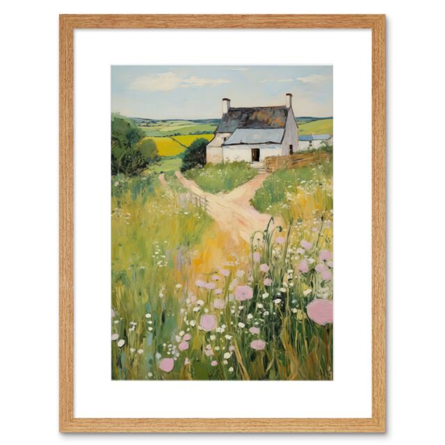 Artery8 Wall Art Print Country Farmhouse Cottage Scene Traditional Landscape Oil Painting Meadows Countryside Summer Artwork Framed 9X7 Inch - image 1