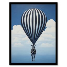 Wee Blue Coo Wall Art Print Surreal & Stripes Zebra Balloon Adventures Over the Clouds Blue Black White Oil Painting Art Framed - Size: A4 - thumbnail 1