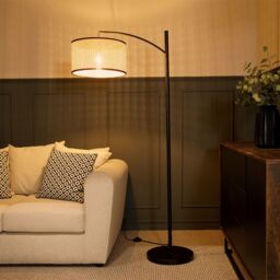 ValueLights Preto Black Metal Curved Floor Lamp With Cane Shade - thumbnail 4