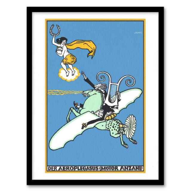 Artery8 Moriz Jung The Aeroplegasus Anzani Engines Advert Framed Art Print in Blue - Size: A3 - image 1