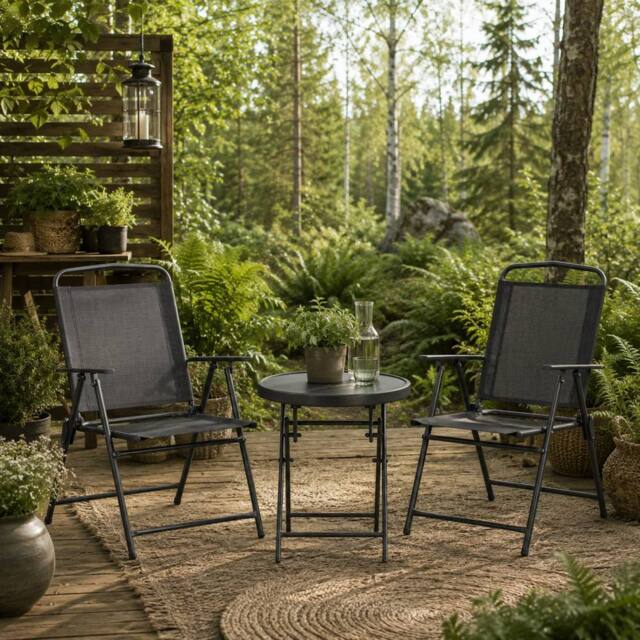 Wyld Haus Zivino 3 Piece Black Garden Seating Set Foldable Mesh Chairs & Glass - image 1