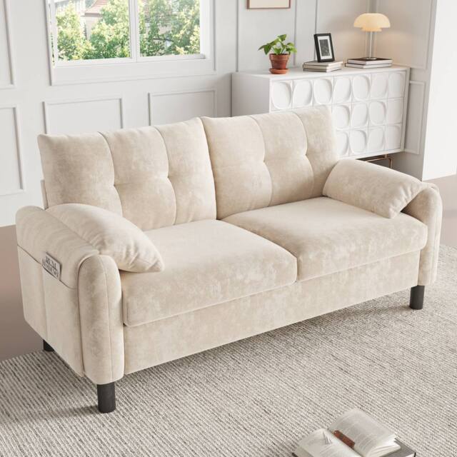 BTM 2 Seater Sofa Chenille Upholstered Couch Cushioned Living Room Sofa in Beige - image 1