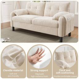 BTM 2 Seater Sofa Chenille Upholstered Couch Cushioned Living Room Sofa in Beige - thumbnail 6