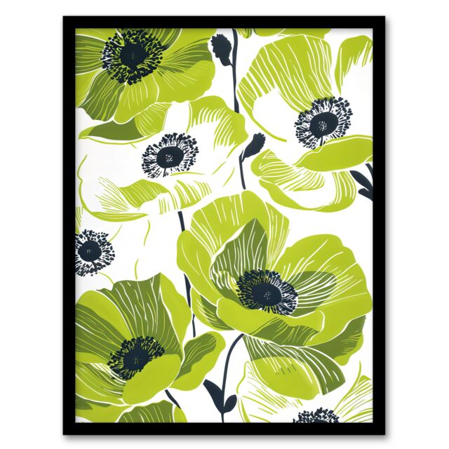 Artery8 Wall Art Print Lime Green Poppy Flowers Poppies Floral Design Art Framed Poster in Black - Size: A4 - image 1