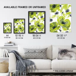 Artery8 Wall Art Print Lime Green Poppy Flowers Poppies Floral Design Art Framed Poster in Black - Size: A4 - thumbnail 3