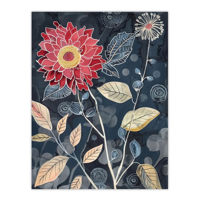 "Artery8 Stylised Dahlia Bloom Dark Floral Artwork Wall Art Print in Blue - Size: W24"" x H32""" - image 1