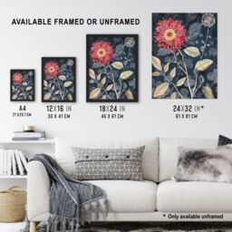 "Artery8 Stylised Dahlia Bloom Dark Floral Artwork Wall Art Print in Blue - Size: W24"" x H32""" - thumbnail 3