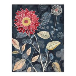 "Artery8 Stylised Dahlia Bloom Dark Floral Artwork Wall Art Print in Blue - Size: W24"" x H32""" - thumbnail 1