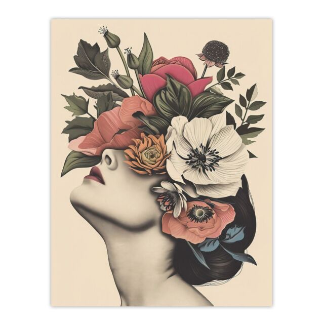 "Artery8 Woman Flower Headdress Vintage Style Flowerpunk Wall Art Print in Pink - Size: W18"" x H24""" - image 1