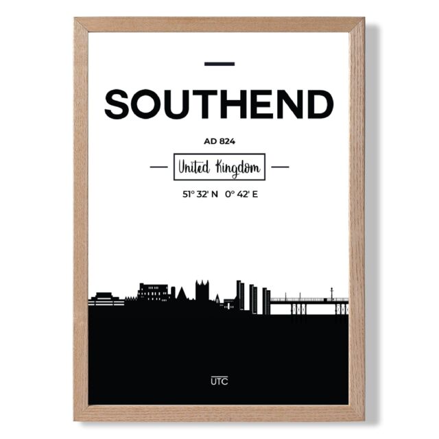 ARTZE Southend Black & White City Skyline Framed Print SIZE: A3 with Oak Frame - Size: A4 - image 1