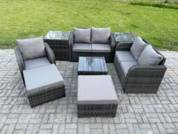 Fimous PE Rattan Garden Furniture Sets Outdoor Love Sofa Chair Set Square Coffee Table 2 Side Tables 2 Big Footstool in Dark Grey - thumbnail 1