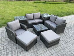 Fimous PE Rattan Garden Furniture Sets Outdoor Love Sofa Chair Set Square Coffee Table 2 Side Tables 2 Big Footstool in Dark Grey - thumbnail 2