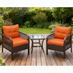 ERGOVEXA 3 Pieces Rattan Bistro Set with Glass Top Coffee Table, Orange - thumbnail 1
