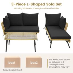 Gymax Outdoor Wicker Sofa Coffee Table Set 3-Piece L-Shaped Patio Sofa Set in Black - thumbnail 6