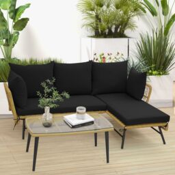 Gymax Outdoor Wicker Sofa Coffee Table Set 3-Piece L-Shaped Patio Sofa Set in Black - thumbnail 8