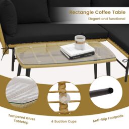 Gymax Outdoor Wicker Sofa Coffee Table Set 3-Piece L-Shaped Patio Sofa Set in Black - thumbnail 4